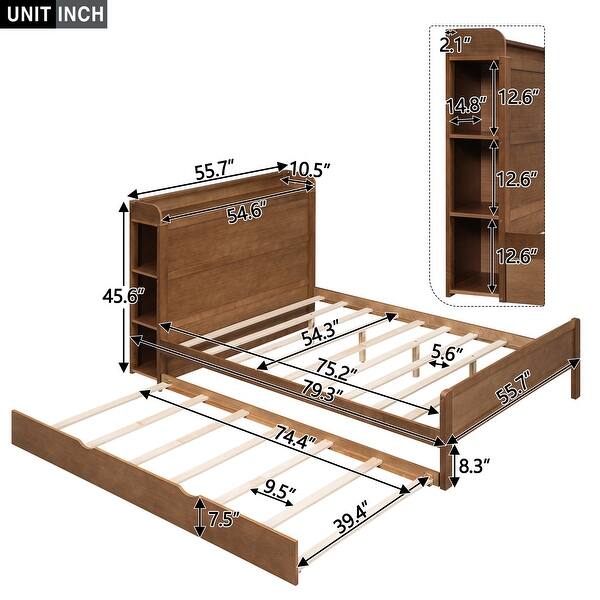 dimension image slide 0 of 2, Wooden Platform Bedframe w/ Storage Headboard & Twin Size Trundle -Full