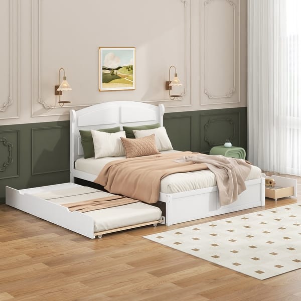 slide 2 of 16, Wood Queen Size Platform Bed with Twin Size Trundle and 2 Drawers White