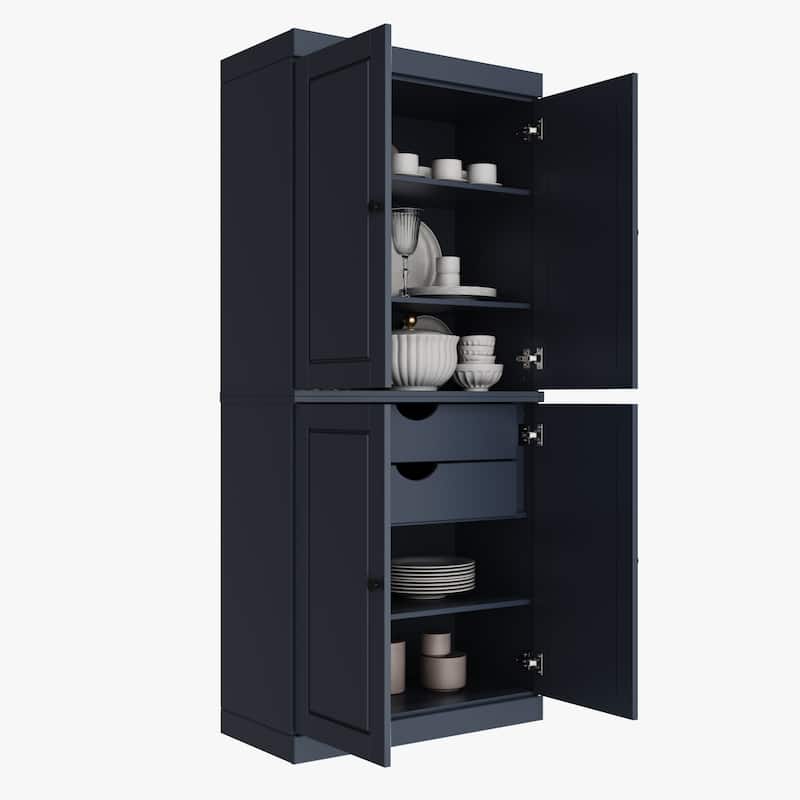 Solid Wood Tall Freestanding Kitchen Pantry Cabinet with Doors & 2 Drawers, Adjustable Shelves, Modular Storage, 32" W x 71.5" H