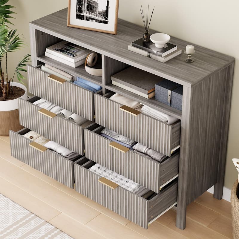 6 Drawer Dresser for Bedroom, Farmhouse Chest of Drawers with 2 Open Shelves and Fluted Doors
