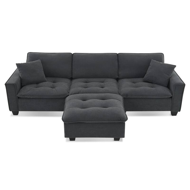 Grey 100" L-Shaped Convertible 4-Seat Sofa with Matching Pillows