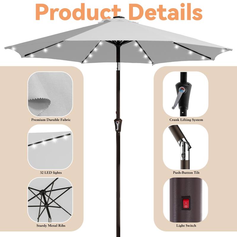 9ft Patio Market Umbrella with LED Lights,Crank & Tilt