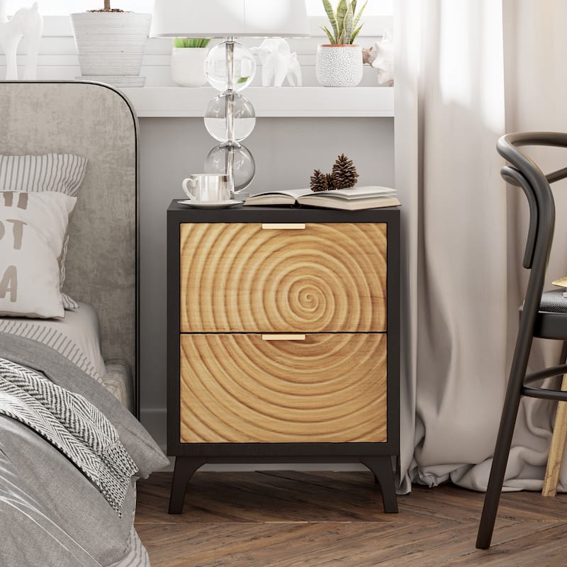 COZAYH Modern Farmhouse Nightstand, Drawer with Handcrafted Wood Ring Motif - Black&Natural - 2-drawer