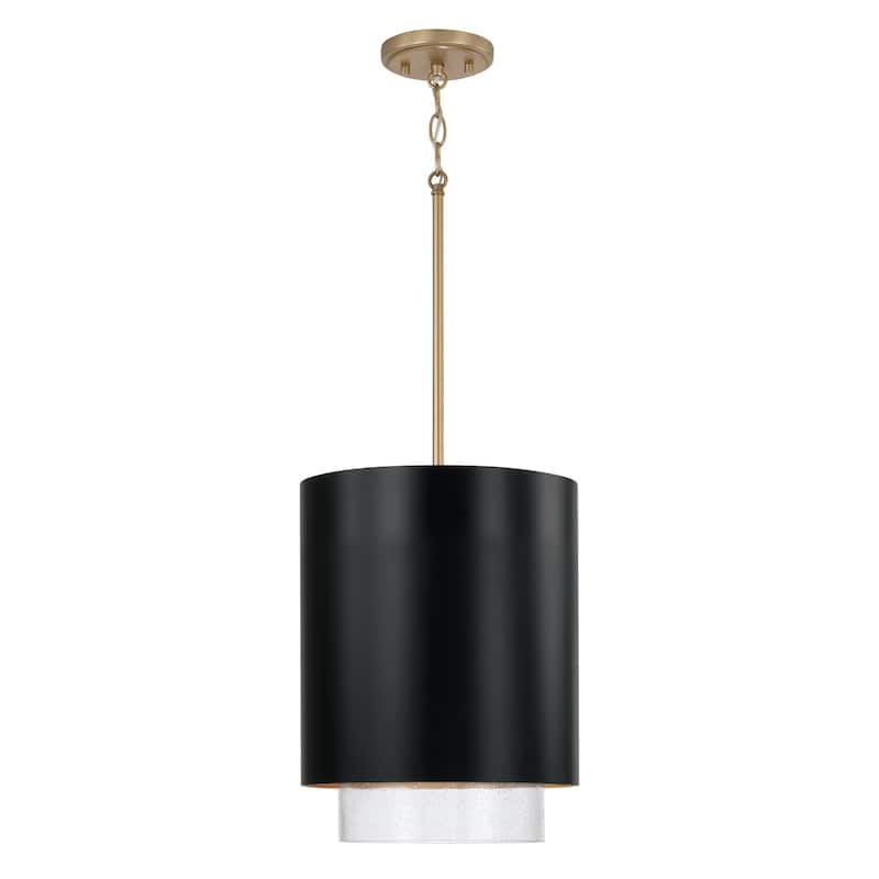 11.50"W x 19.50"H 1-Light Cylindrical Metal Pendant with Seeded Glass - 11.5"W x 19.5"H - Matte Brass and Black