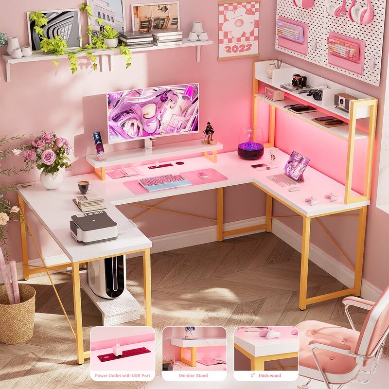75'' DIY U-Shaped Desk with Hutch, Reversible Office Desk with Power Outlets and LED Strip