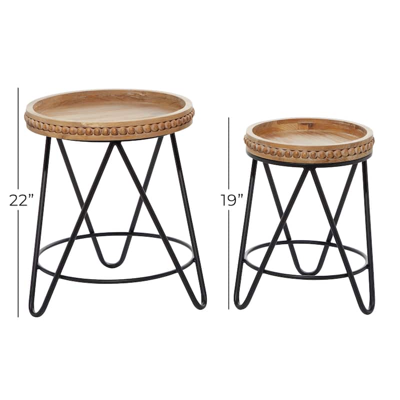 Metal Beaded Accent Table with Brown Wood Tops - Set of 2 Black - Roche River Decor