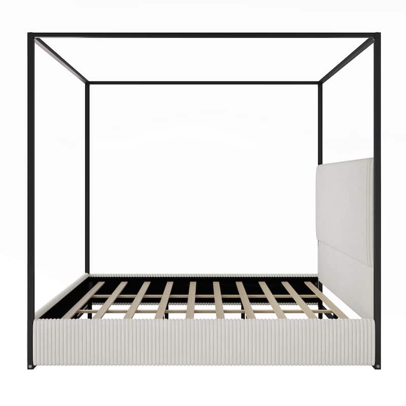 Modern Luxury Metal Canopy Bed with Tall Upholstered Headboard