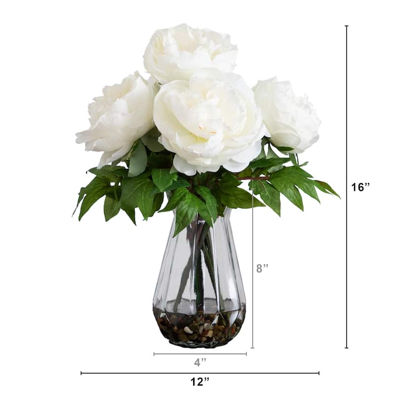 Peony Floral Arrangement with Glass Vase - 16" - White and Green