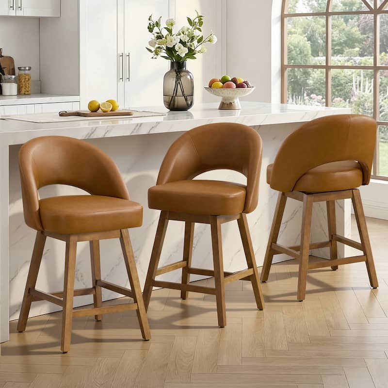 Upholstered Swivel Counter Height Bar Stools with Cutout Back and Solid Wood Frame - 38.2"H x 22.1"W x 23.6"D - Set of 3 - Brown