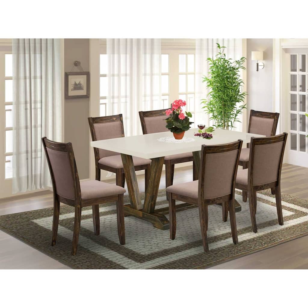 HomeStock 7-Piece Distressed Jacobean Finish Solid Wood Top Dining Table with 6 Parson-Chairs