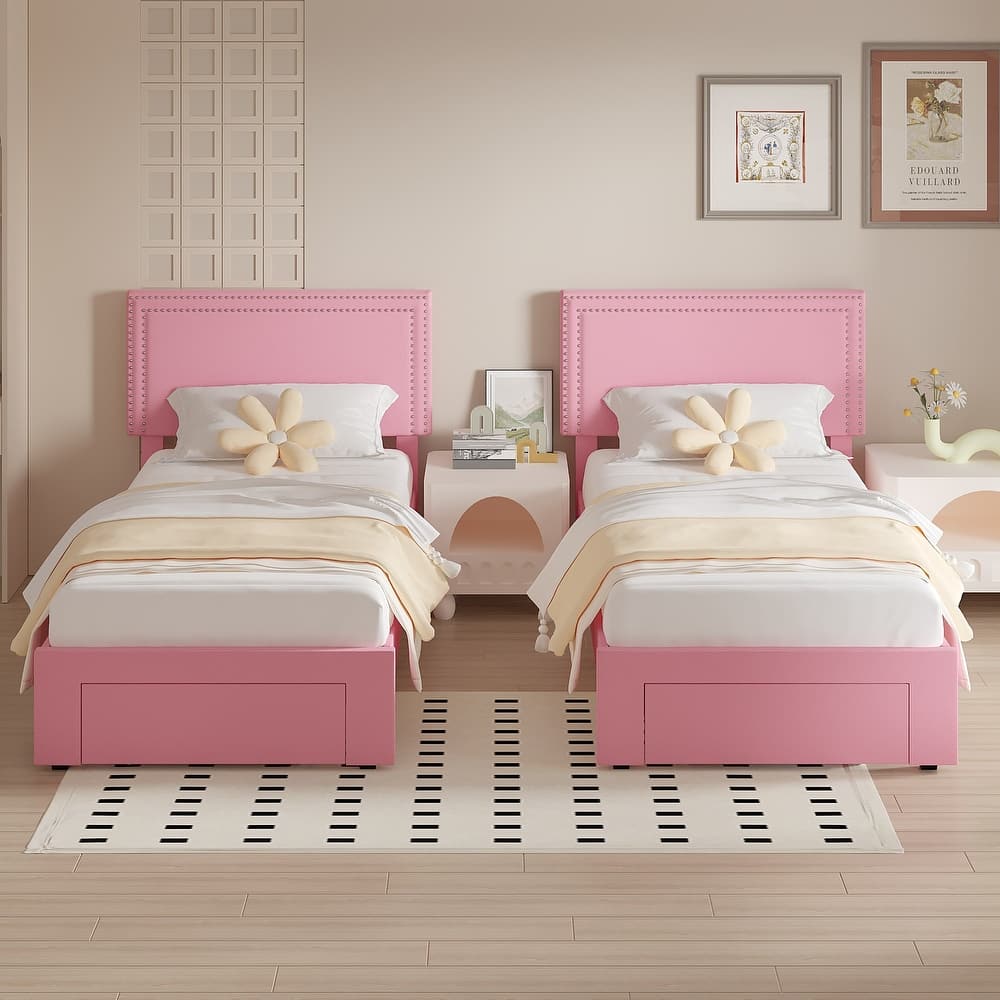 VECELO Set of 2 Twin Beds with Rolling Underbed Drawer Height Adjustable Headboard Rivet-Trimmed Headboard Twin Beds
