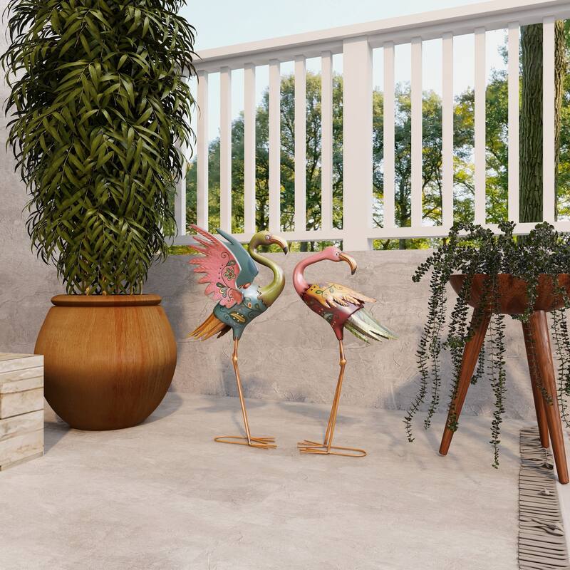 Multi Colored Metal Indoor Outdoor Embossed Standing Flamingo Decorative Garden Sculpture with Coiled U Shaped Feet (Set of 2)