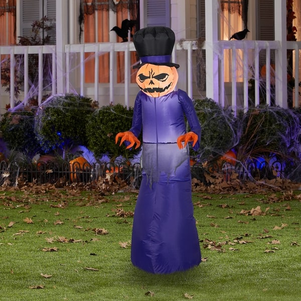Gemmy Airblown Pumpkin Reaper w/Top Hat, ft Tall, Purple Bed