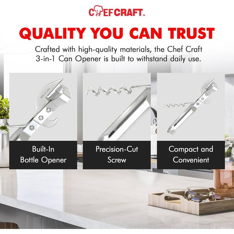Chef Craft 3-in-1 Durable Metal Can Opener, Cork Screw and Bottle Opener