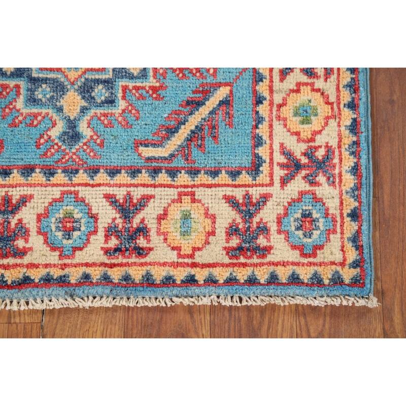 Hand Knotted Oriental 100% Wool Carpet Traditional Geometric Navy Blue & Blues Kazak Area Rug - 3' 0'' X 2' 0''