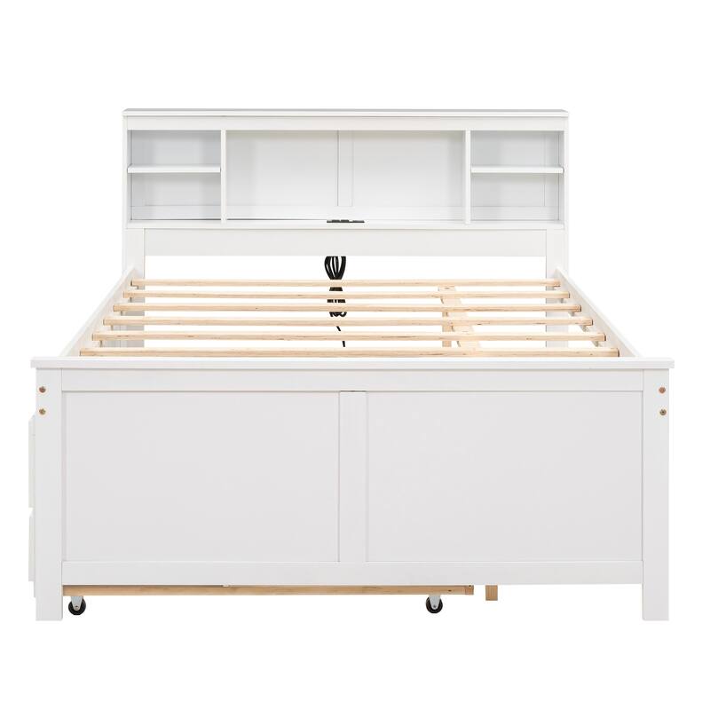 Twin/Full Size Storage Platform Bed with Bookcase Headboard and 3 Drawers, Wood Platform Bed with Twin Size Trundle and USB Port
