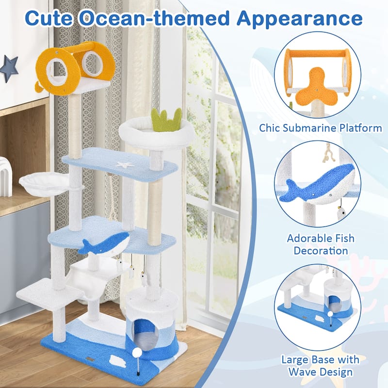Petsite Ocean-themed Cat Tree Tower with Sisal Covered Scratching - See Details