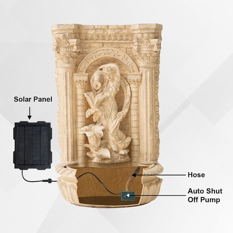 XBrand 30.3" Solar Pot Fountain, Tall Brown Maiden Holding Pot Wall Fountain, Outdoor Water Fountain, Polyresin