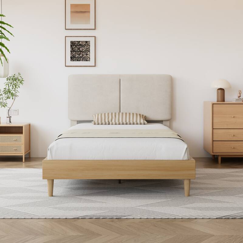 Javlergo Upholstered Bed Frame with Linen Fabric Adjustable Headboard Strong Wood Slats Supports No Box Spring Needed - Beige - Twin