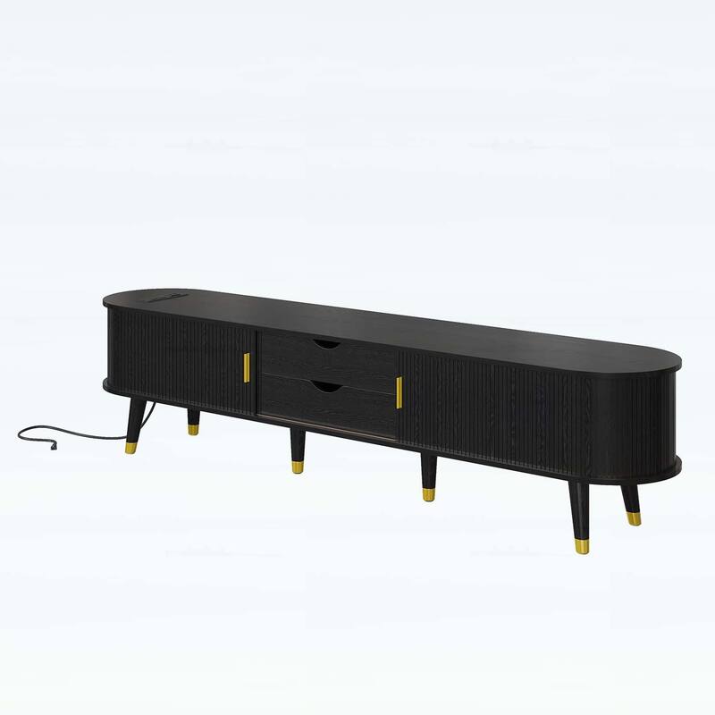 Mid-Century Wooden Oval Fluted TV Stand with Charging Station,Sliding Tambour Door