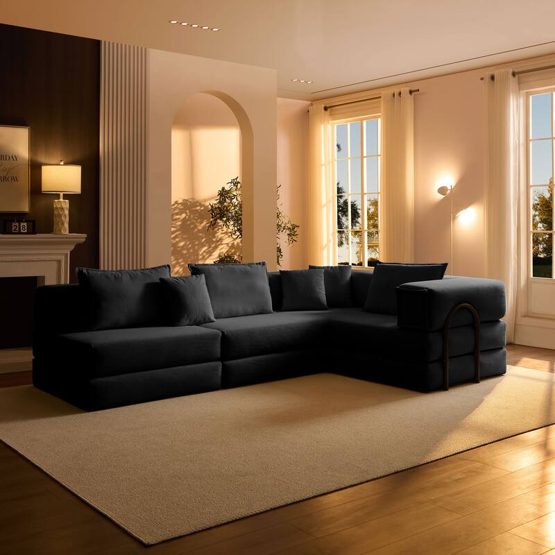 118.2" Oversized Modular Foldable Floor Sofa Couch, Corduroy Upholstered Convertible Sectional Sofa Bed w/ Pillows for Apartment