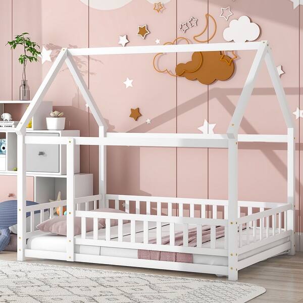 slide 2 of 41, Pine Wood Floor Wooden Bed with House Roof Frame, Fence Guardrails for Kids, Boys and Girls Full - White