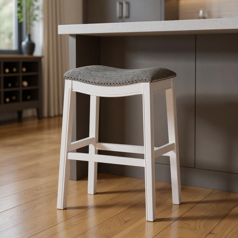 HomeRoots 31" Light Gray And White Upholstered And Solid Wood Backless Bar Height Bar Chair