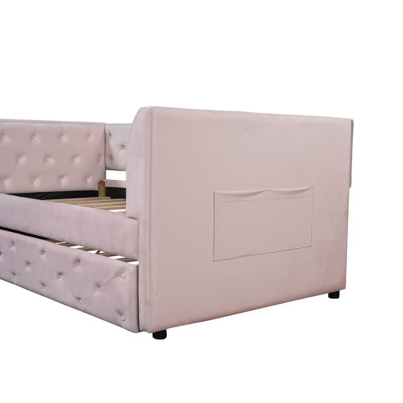 Upholstered Velvet Bed Frame, Twin Size Tufted Daybed with Side Storage Bag, Pull-out Trundle and Button Backrest Headboard
