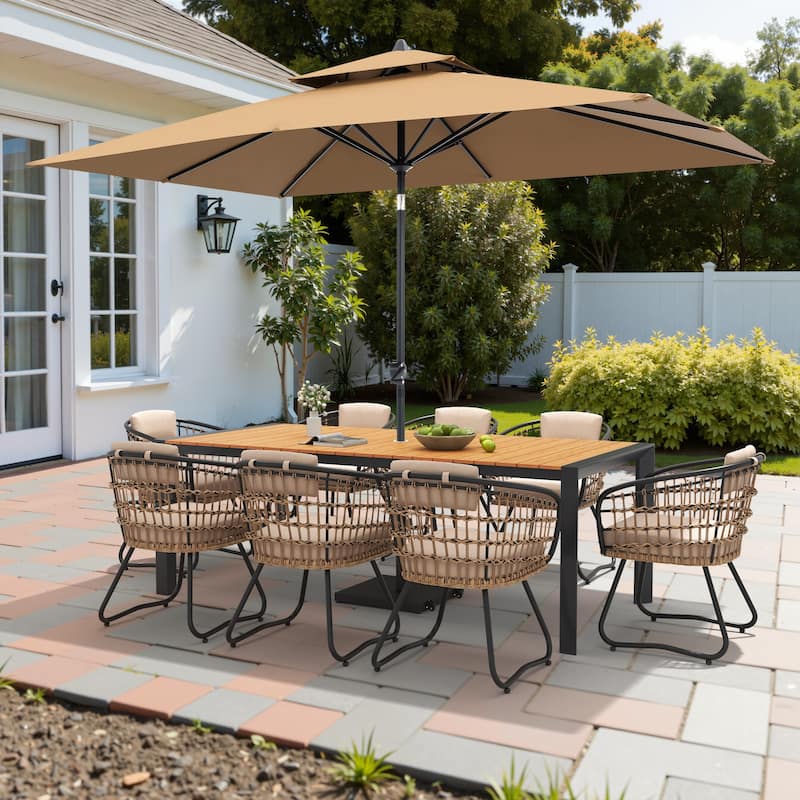 9/11-Piece Outdoor Dining Set Aluminum Table and Rattan Chairs w/10 ft Market Umbrella and Base