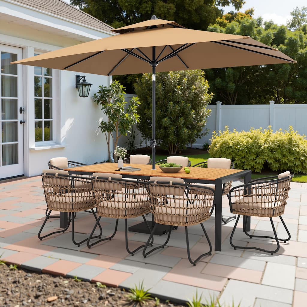 9/11-Piece Outdoor Dining Set Aluminum Table and Rattan Chairs w/10 ft Market Umbrella and Base