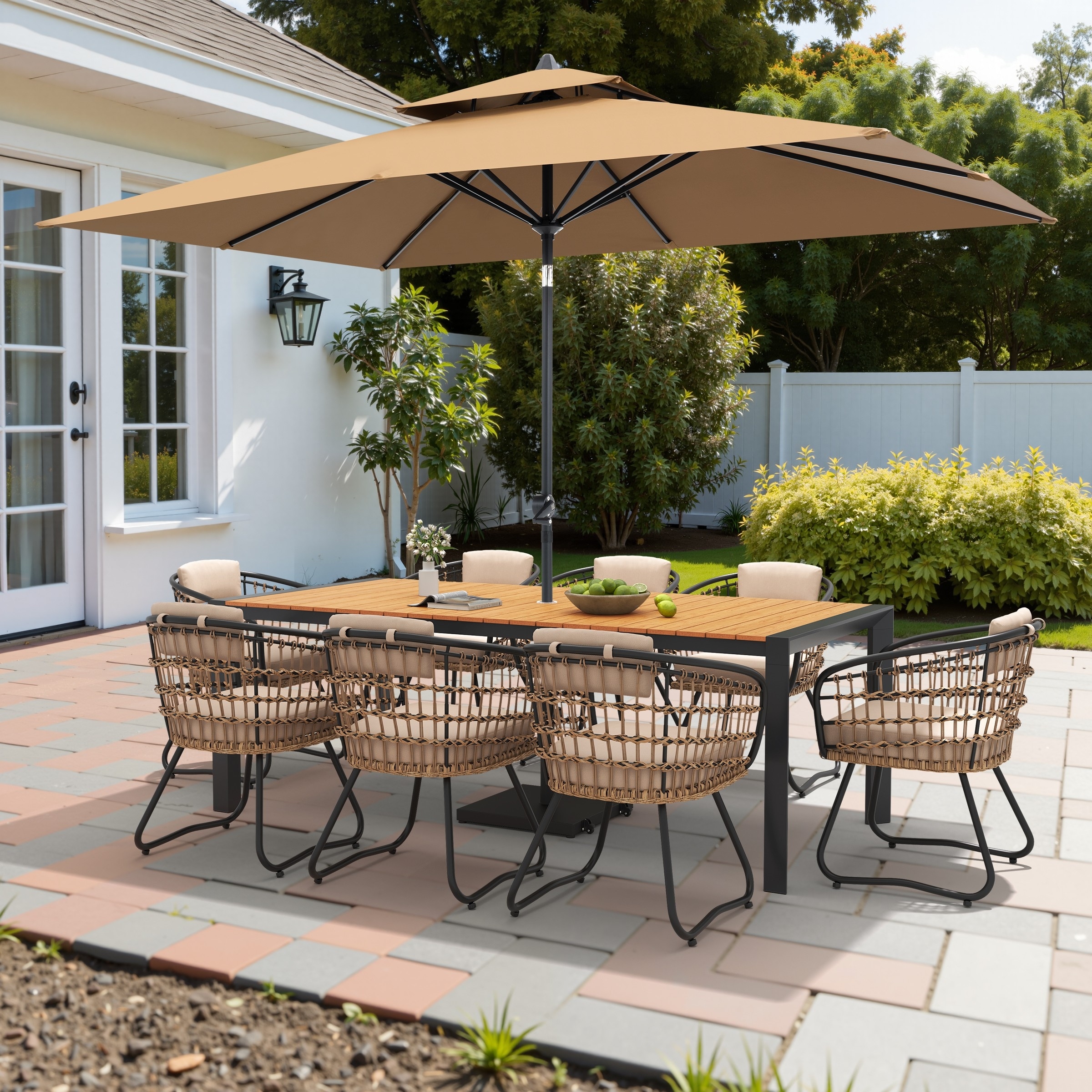 9/11-Piece Outdoor Dining Set Aluminum Dining Table and Rattan Chairs w/10 ft Market Umbrella and Base