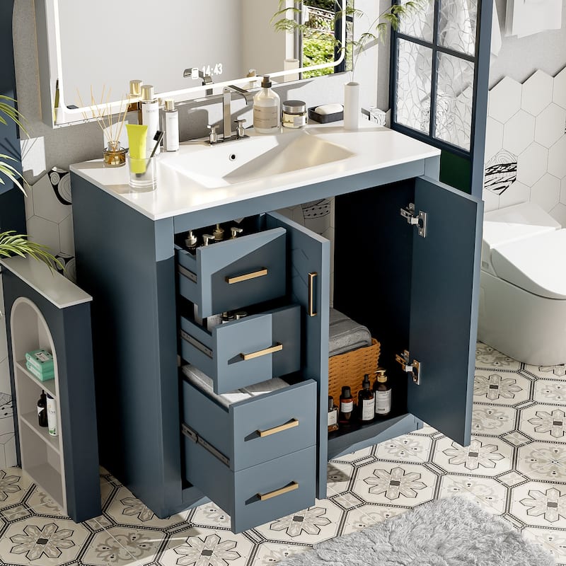 36" Bathroom Vanity with Ceramic Sink - Solid Wood, 3 Soft-Close Drawers, Freestanding