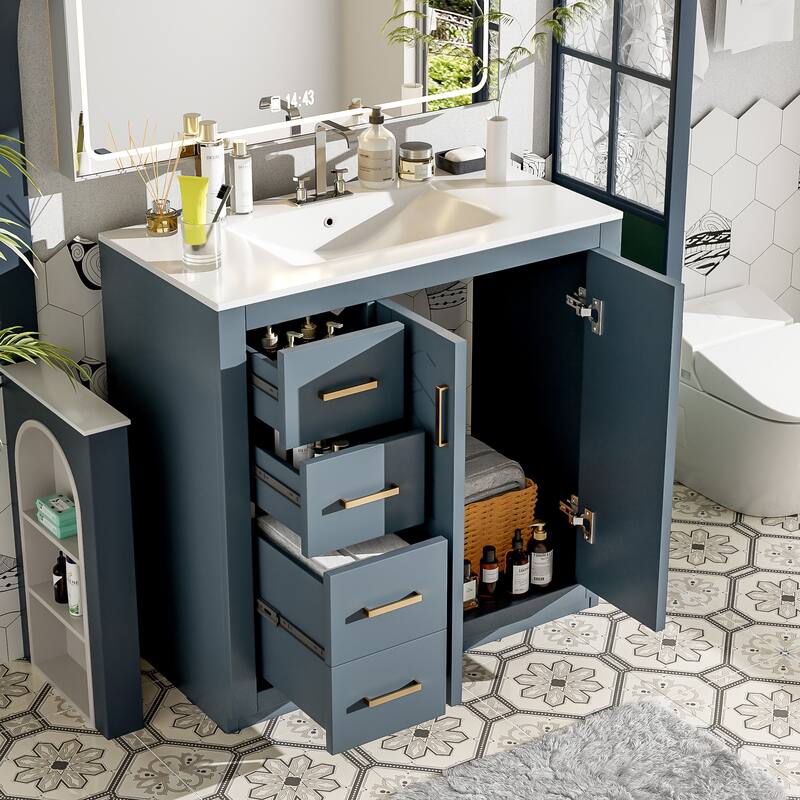 36'' Bathroom Vanity with Ceramic Sink Combo, Solid Wood Frame Bathroom Storage Cabinet with 3 Drawers& Soft Closing Doors