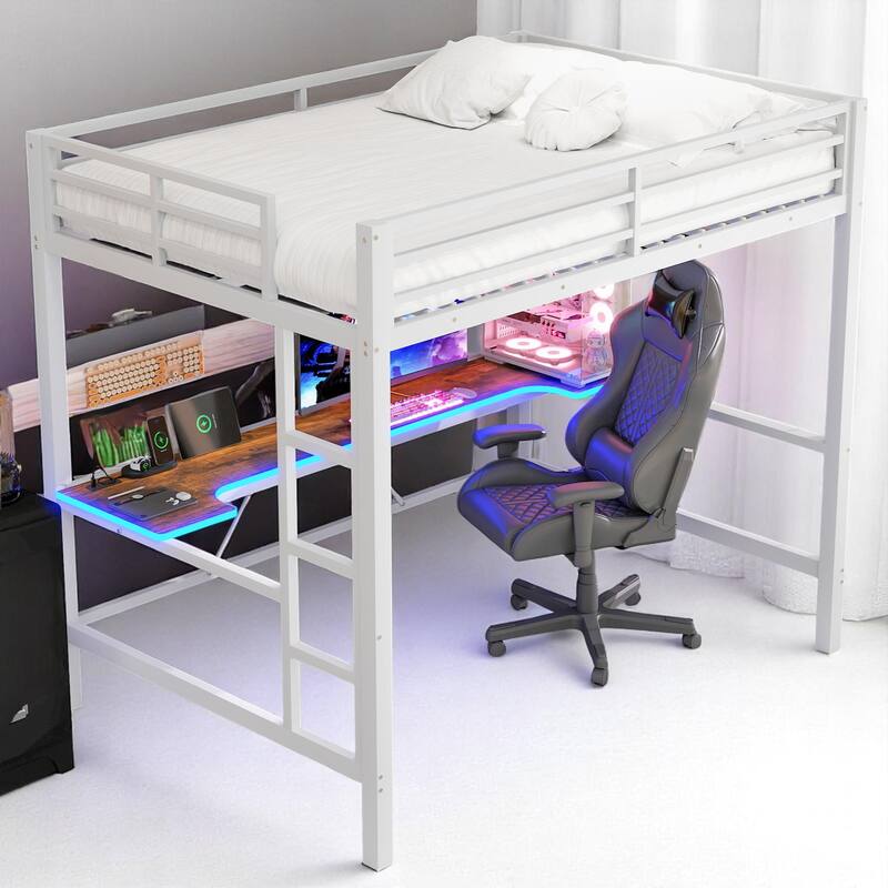 Twin/Full Size Gaming Metal Loft Bed with Desk, Remote LED Light & USB Charging Station - Space-Saving Frame - White - Full