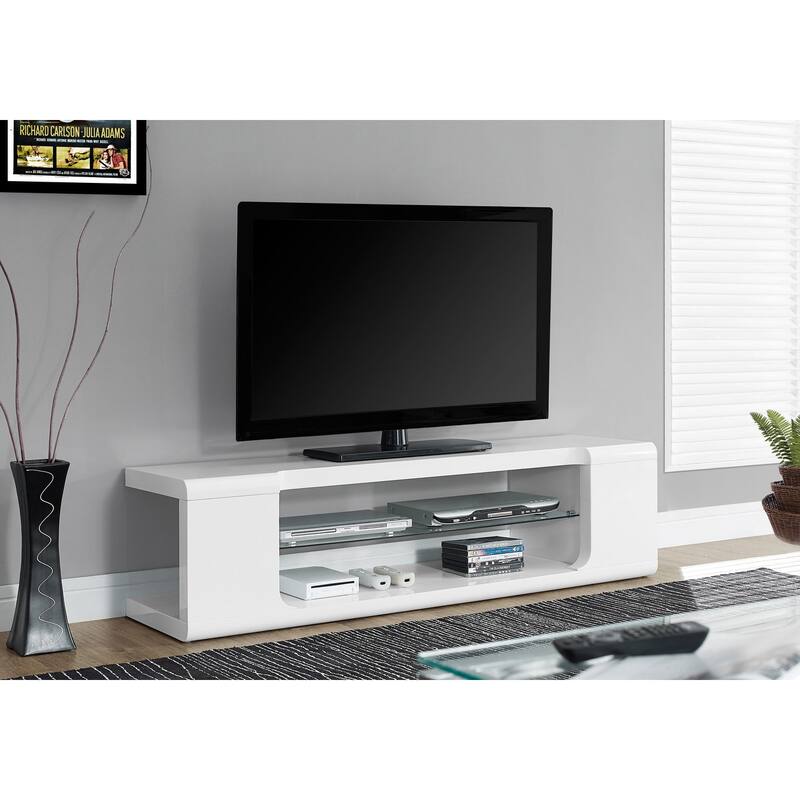 59" Contemporary TV Stand, Glossy White with Tempered Glass Shelf