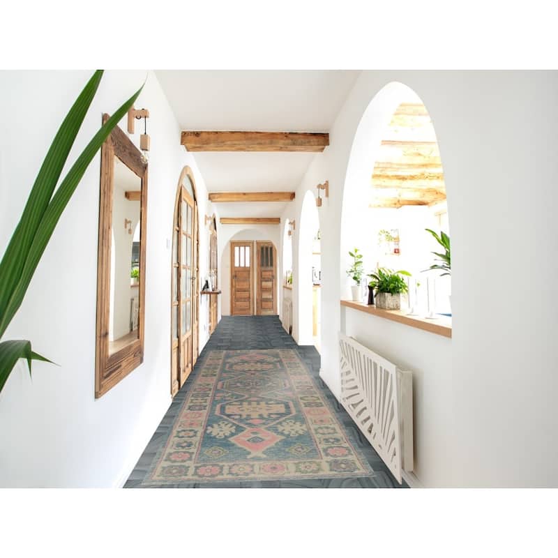 Hand Knotted Oriental 100% Wool Carpet Transitional Geometric Navy Blue & Blues Oushak Runner Rug - 11' 9'' X 3' 3''