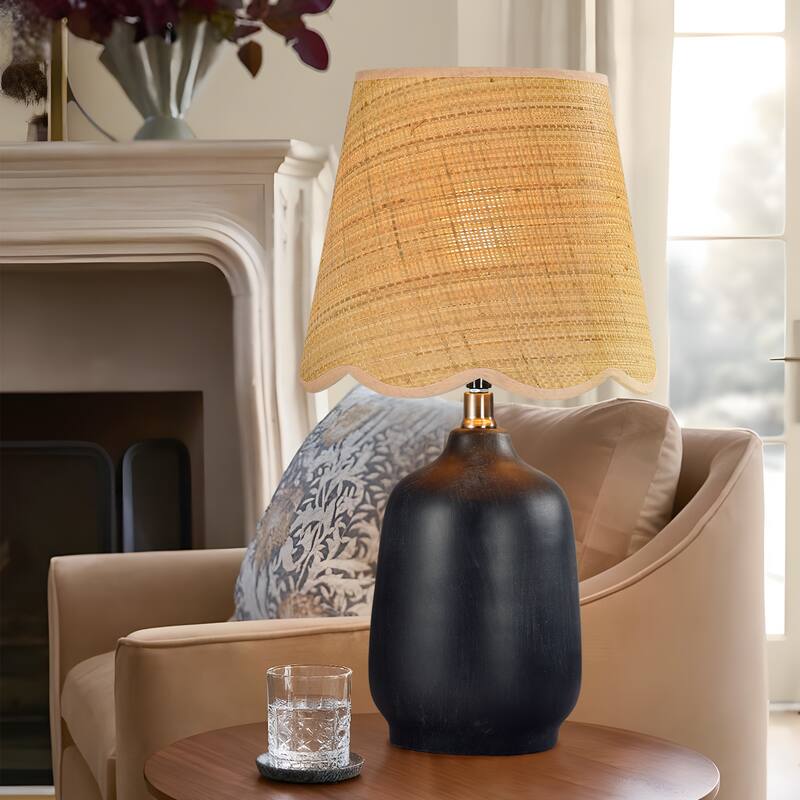 Rustic Ceramic Accent Table Lamp with Raffia Shade