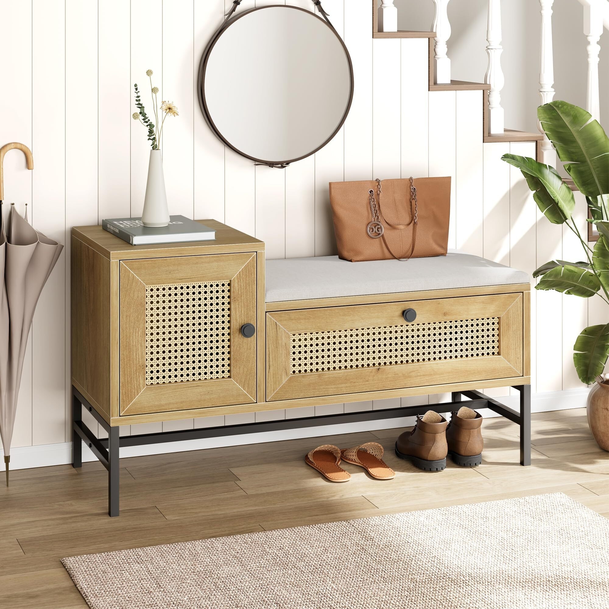 Rattan shoe shop storage bench