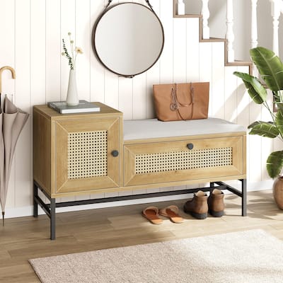 Rattan Shoe Bench with Storage Drawer and Cabinet