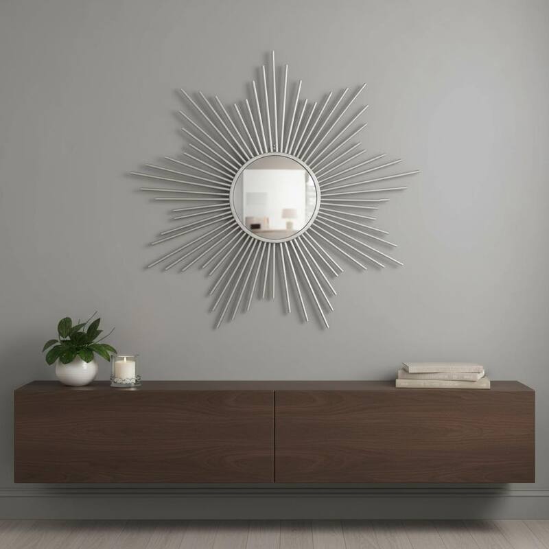 HomeRoots 32" Silver Metal Sunburst Framed Accent Mirror - 32" x 32"