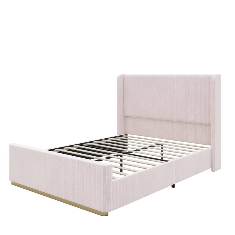 Corduroy Upholstered Platform Bed with Metal Frame Wood Slat Bed, Vertical Stripe Wingback Bed High Footboard Sleigh Panel Bed