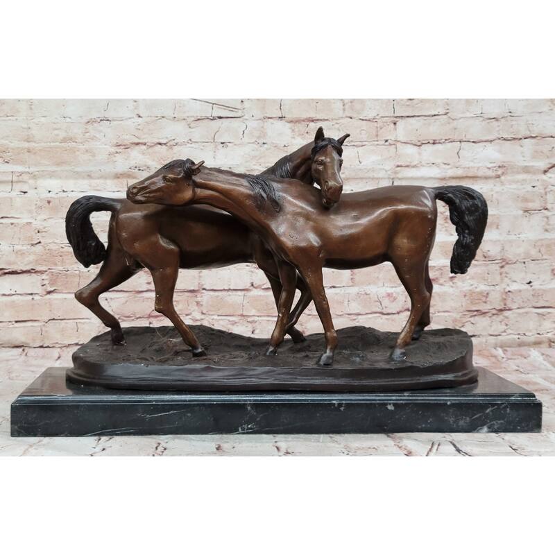 Bronze Horses Sculpture – Pair Of Grazing Stallions Statue On Marble Base