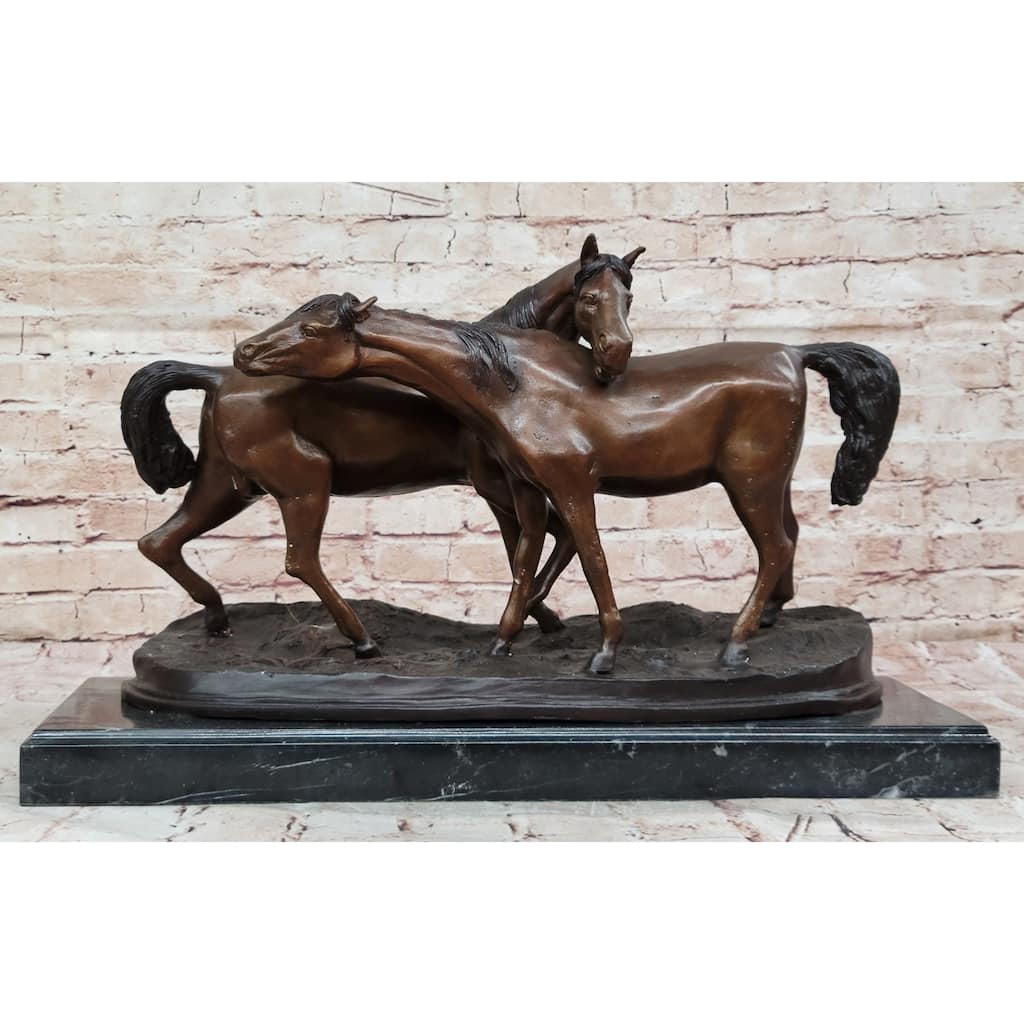 Bronze Horses Sculpture – Pair Of Grazing Stallions Statue On Marble Base