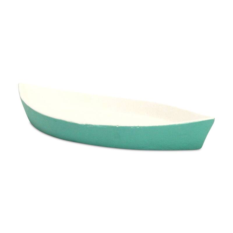 HomeRoots 10" Aqua And White Cast Iron Oval Boat Shaped Tray - 9.75 in. x 1.25 in. x 4.25 in.
