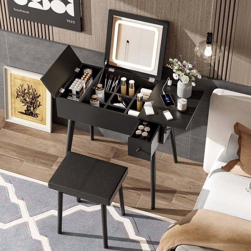27.9'' Black Makeup Vanity Desk with Flip Top Mirror, Dressing Table with Charging Station, Vanity Set with Cushioned Stool - Black