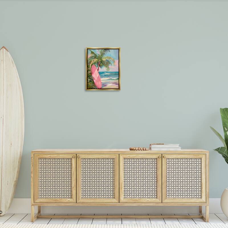 Stupell Pink Surfboard on Beach Framed Floater Canvas Wall Art Design By Arlington Prints
