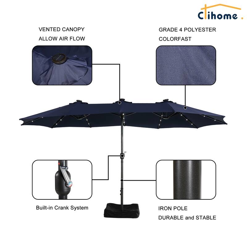 Clihome 15FT Double-Sided Solar Light Market Crank Umbrella with Base