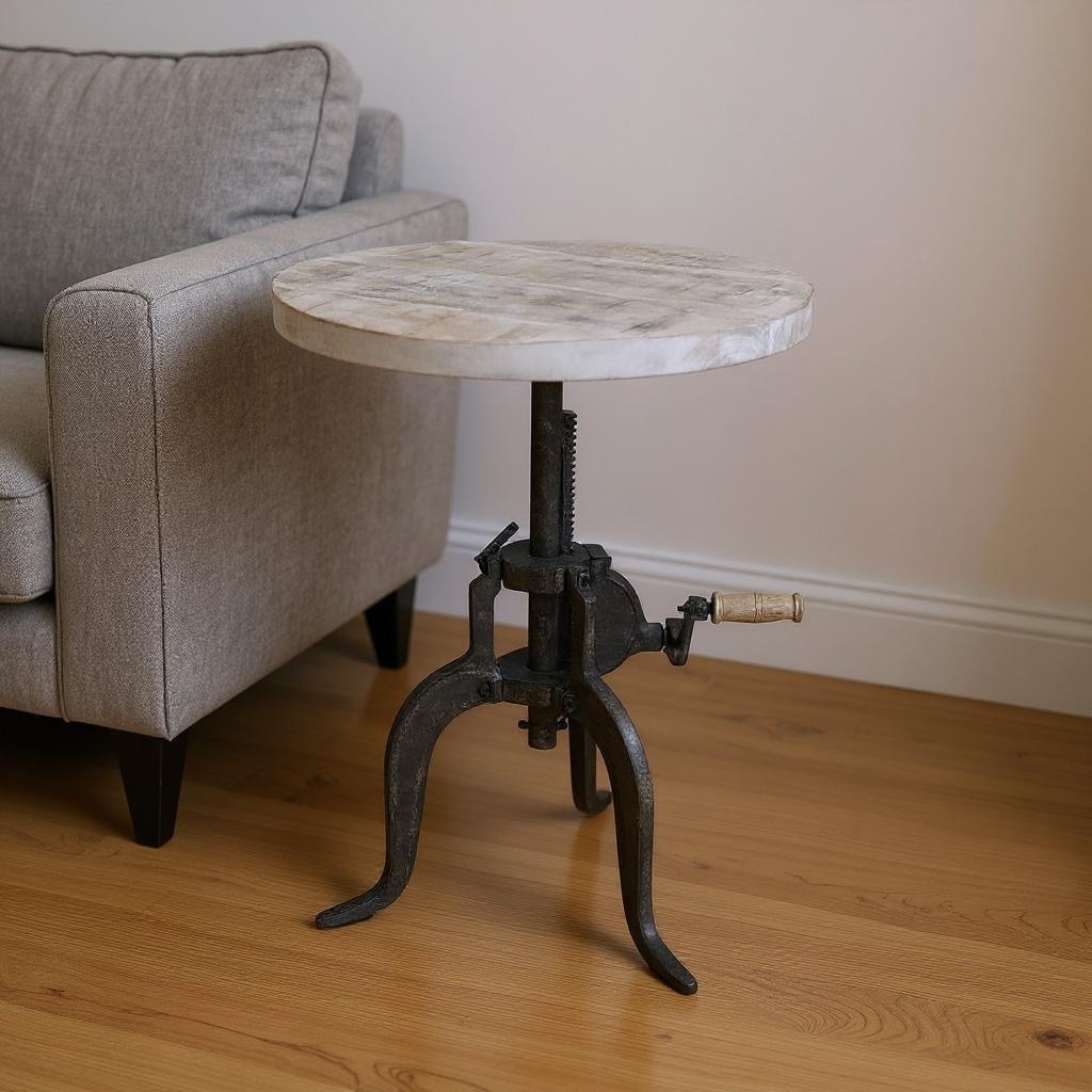 HomeRoots 19" Natural and Gunmetal Solid Wood and Iron Height Adjustable Round End Table - 18.00 in. x 19.00 in. x 18.00 in.