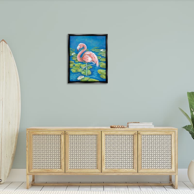 Stupell Balancing Flamingo & Lily Pads Framed Floater Canvas Wall Art Design By Diane Kater