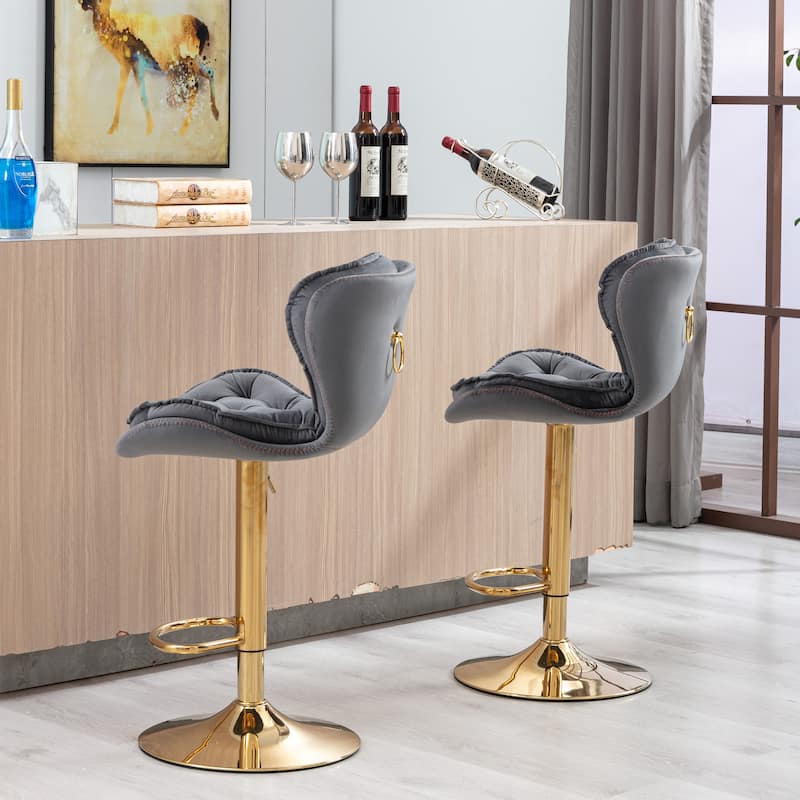 Set of 2 Adjustable Swivel Bar Stools, Gray Velvet with Chrome Footrest & Gold Legs
